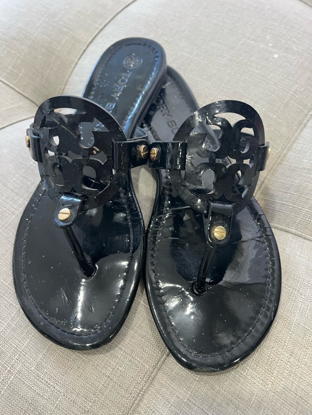 Tory Burch Black Patent Leather Miller Thong Sandals with Gold Studs
